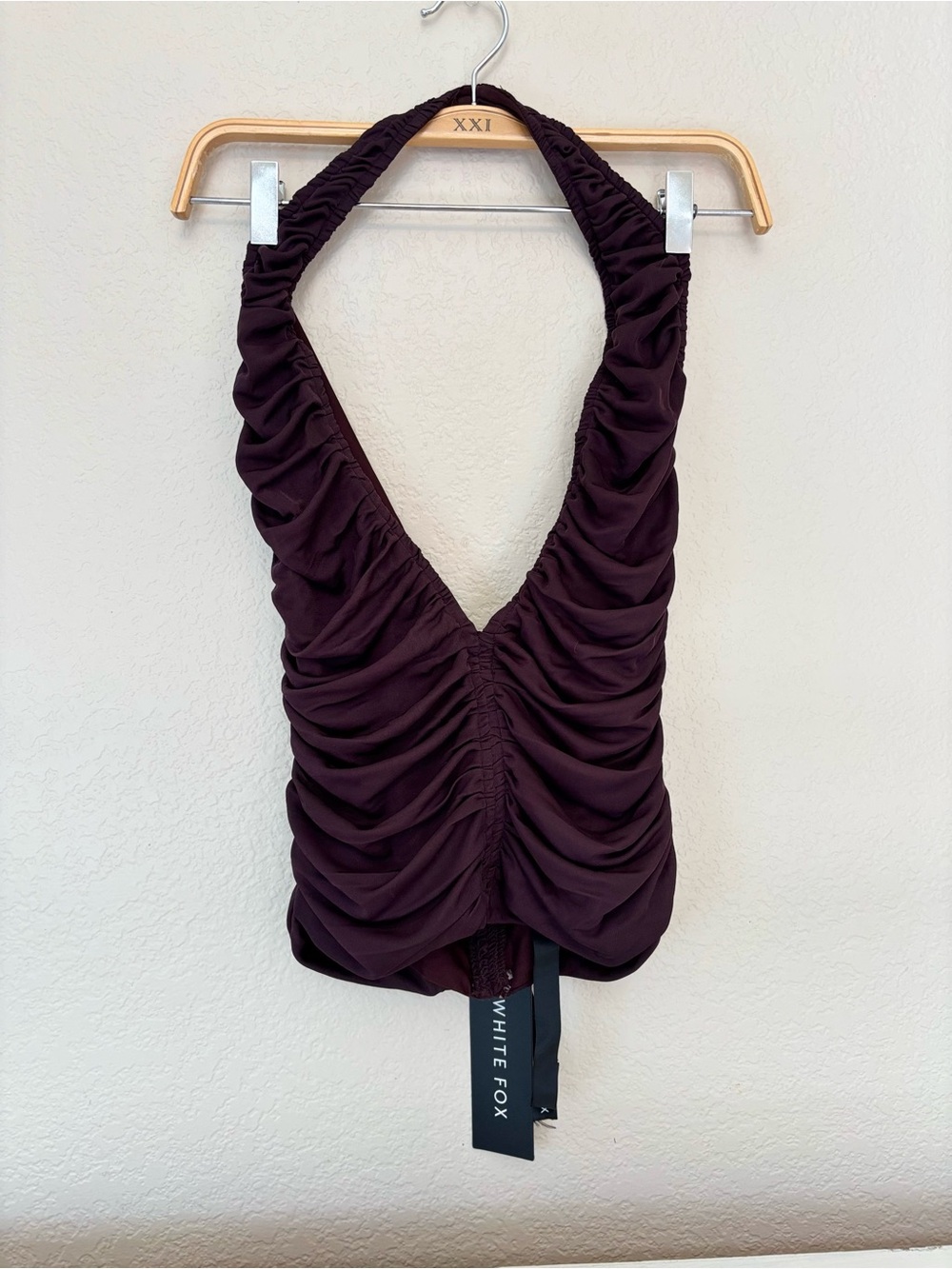White Fox Boutique Ruched Halter Top in Plum